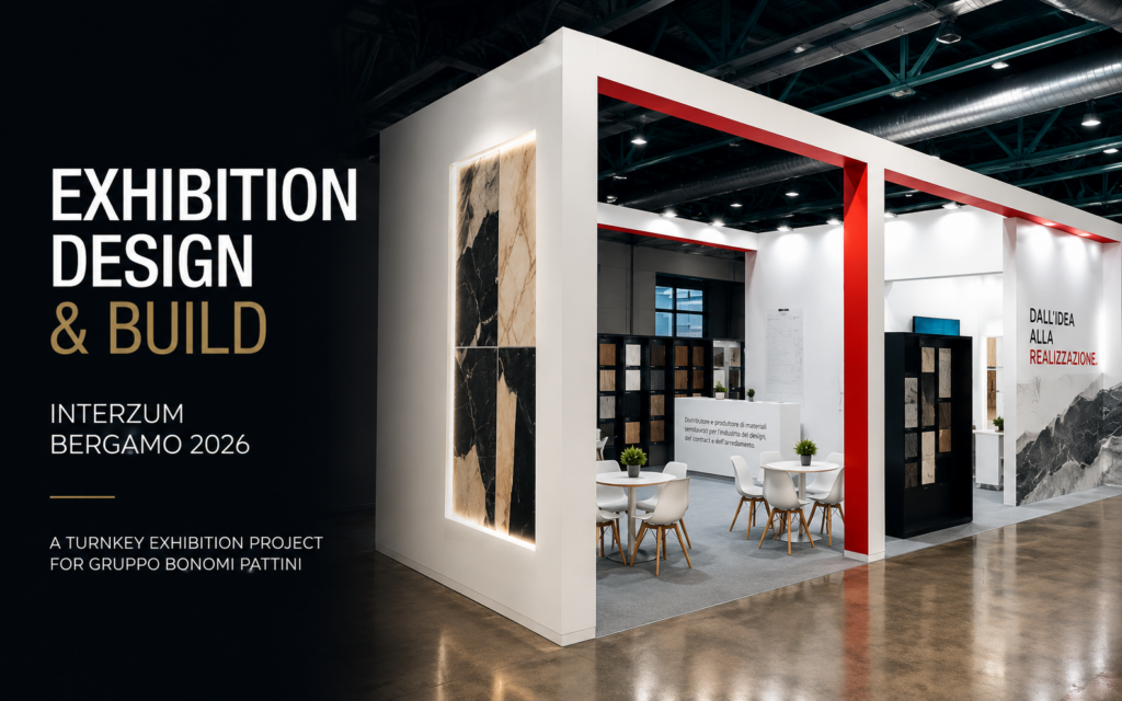 Bonomi Pattini exhibition stand designed and built by Vitera Group for Interzum Bergamo 2026 featuring custom exhibition design and turnkey installation