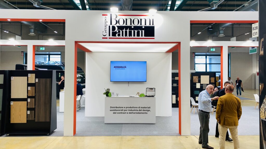 Bonomi Pattini exhibition stand designed and built by Vitera Group for Interzum Bergamo 2026 featuring custom exhibition design and turnkey installation