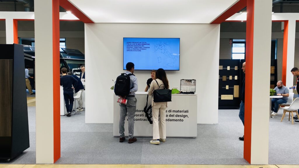 Bonomi Pattini exhibition stand designed and built by Vitera Group for Interzum Bergamo 2026 featuring custom exhibition design and turnkey installation