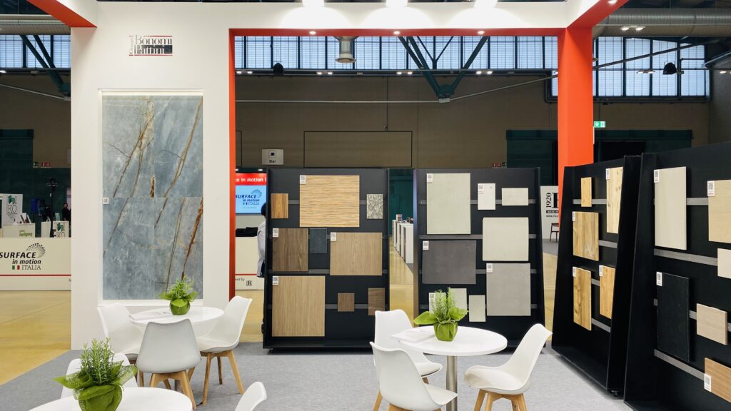 Bonomi Pattini exhibition stand designed and built by Vitera Group for Interzum Bergamo 2026 featuring custom exhibition design and turnkey installation